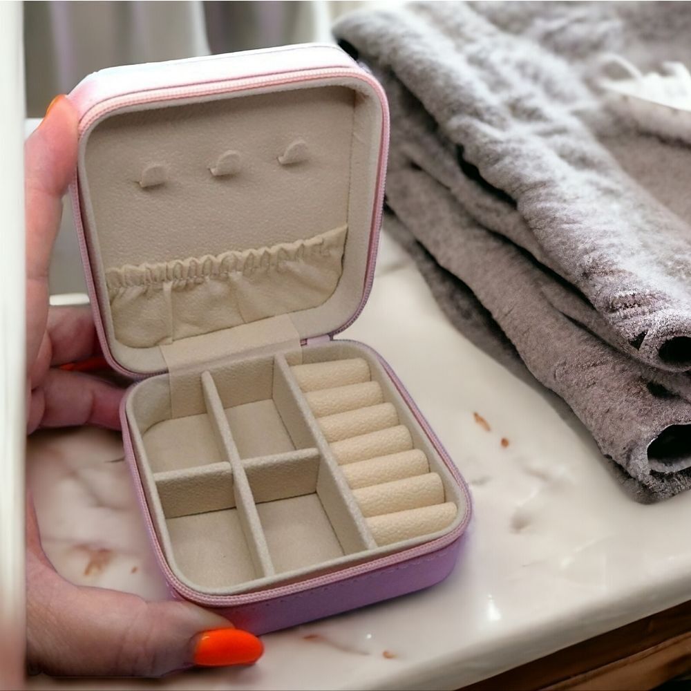 Pink Travel Jewelry Box Faux Leather Zipper Organizer Case 4" Portable Square